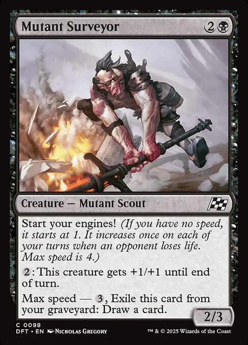 Start your engines! (If you have no speed, it starts at 1. It increases once on each of your turns when an opponent loses life. Max speed is 4.)
{2}: This creature gets +1/+1 until end of turn.
Max speed — {3}, Exile this card from your graveyard: Draw a card.