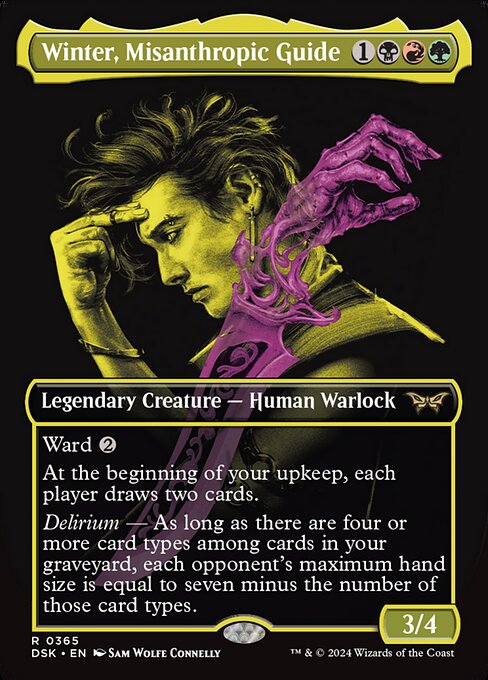 Ward {2}
At the beginning of your upkeep, each player draws two cards.
Delirium — As long as there are four or more card types among cards in your graveyard, each opponent's maximum hand size is equal to seven minus the number of those card types.