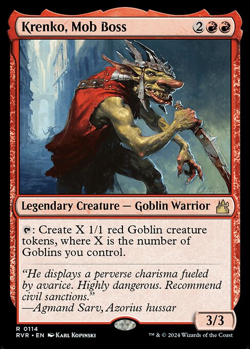{T}: Create X 1/1 red Goblin creature tokens, where X is the number of Goblins you control.