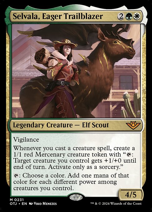 Vigilance
Whenever you cast a creature spell, create a 1/1 red Mercenary creature token with "{T}: Target creature you control gets +1/+0 until end of turn. Activate only as a sorcery."
{T}: Choose a color. Add one mana of that color for each different power among creatures you control.