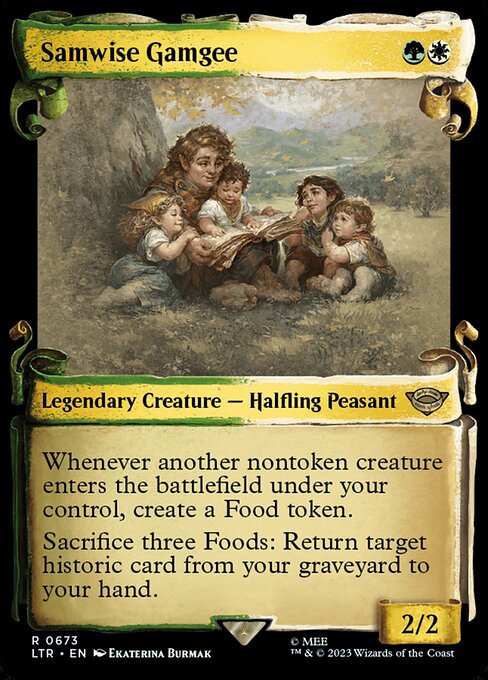 Whenever another nontoken creature enters the battlefield under your control, create a Food token. (It's an artifact with "{2}, {T}, Sacrifice this artifact: You gain 3 life.")
Sacrifice three Foods: Return target historic card from your graveyard to your hand. (Artifacts, legendaries, and Sagas are historic.)