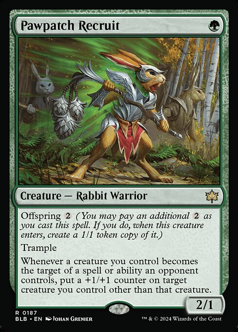 Offspring {2} (You may pay an additional {2} as you cast this spell. If you do, when this creature enters, create a 1/1 token copy of it.)
Trample
Whenever a creature you control becomes the target of a spell or ability an opponent controls, put a +1/+1 counter on target creature you control other than that creature.