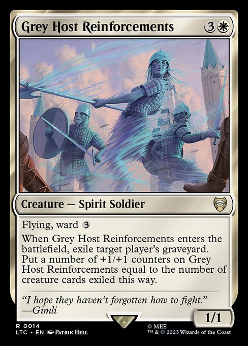 Flying, ward {3}
When Grey Host Reinforcements enters, exile target player's graveyard. Put a number of +1/+1 counters on Grey Host Reinforcements equal to the number of creature cards exiled this way.