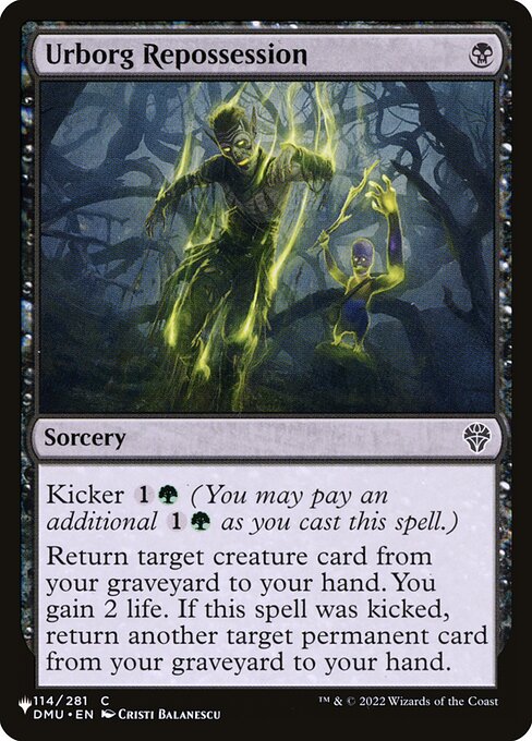 Kicker {1}{G} (You may pay an additional {1}{G} as you cast this spell.)
Return target creature card from your graveyard to your hand. You gain 2 life. If this spell was kicked, return another target permanent card from your graveyard to your hand.