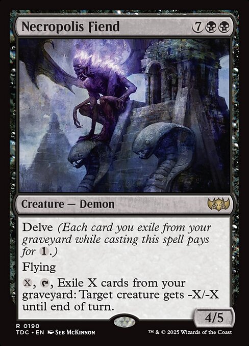 Delve (Each card you exile from your graveyard while casting this spell pays for {1}.)
Flying
{X}, {T}, Exile X cards from your graveyard: Target creature gets -X/-X until end of turn.