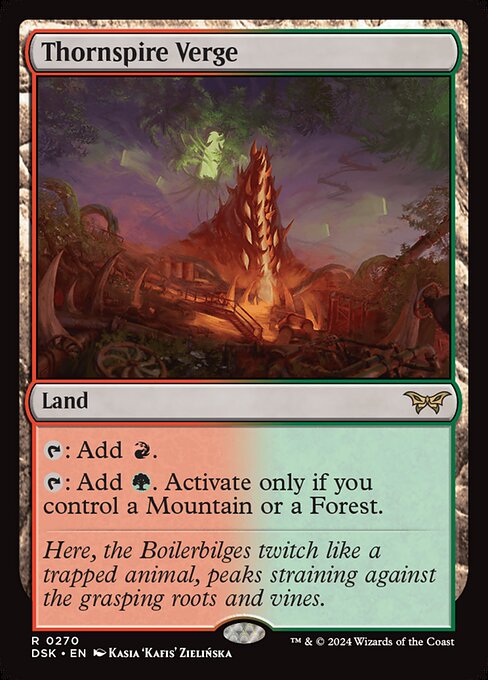 {T}: Add {R}.
{T}: Add {G}. Activate only if you control a Mountain or a Forest.