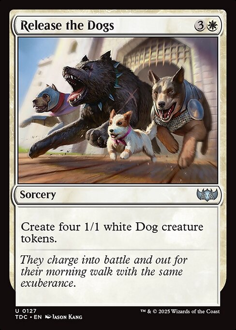 Create four 1/1 white Dog creature tokens.