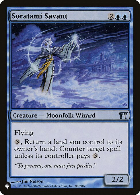 Flying
{3}, Return a land you control to its owner's hand: Counter target spell unless its controller pays {3}.
