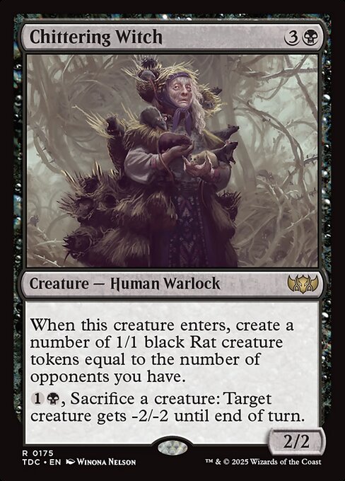 When this creature enters, create a number of 1/1 black Rat creature tokens equal to the number of opponents you have.
{1}{B}, Sacrifice a creature: Target creature gets -2/-2 until end of turn.