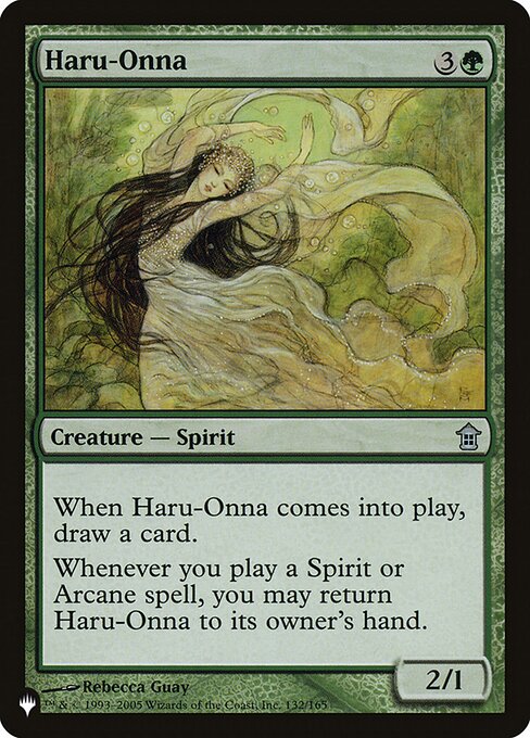 When Haru-Onna enters the battlefield, draw a card.
Whenever you cast a Spirit or Arcane spell, you may return Haru-Onna to its owner's hand.