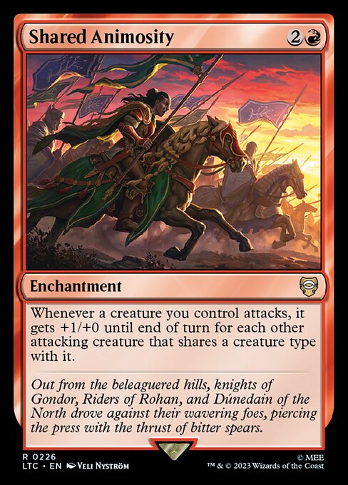 Whenever a creature you control attacks, it gets +1/+0 until end of turn for each other attacking creature that shares a creature type with it.