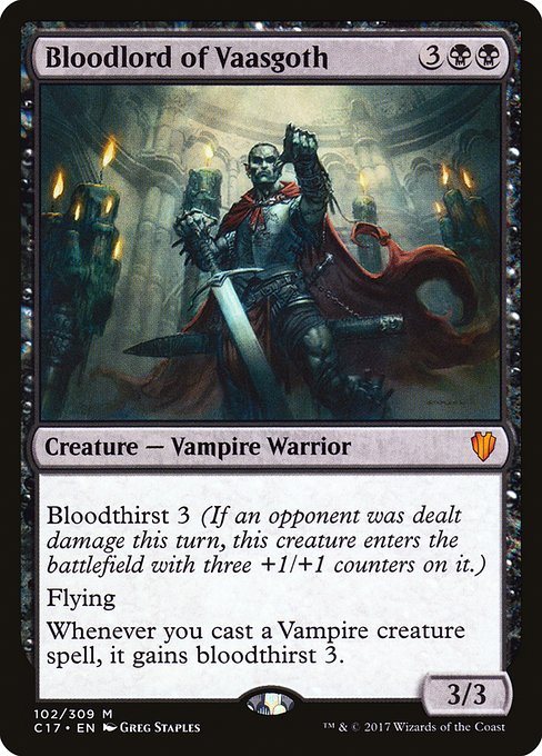 Bloodthirst 3 (If an opponent was dealt damage this turn, this creature enters the battlefield with three +1/+1 counters on it.)
Flying
Whenever you cast a Vampire creature spell, it gains bloodthirst 3.