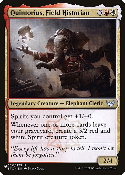 Spirits you control get +1/+0.
Whenever one or more cards leave your graveyard, create a 3/2 red and white Spirit creature token.