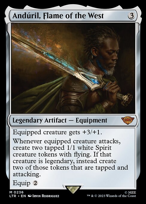 Equipped creature gets +3/+1.
Whenever equipped creature attacks, create two tapped 1/1 white Spirit creature tokens with flying. If that creature is legendary, instead create two of those tokens that are tapped and attacking.
Equip {2}