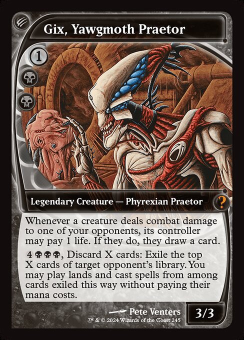 Whenever a creature deals combat damage to one of your opponents, its controller may pay 1 life. If they do, they draw a card.
{4}{B}{B}{B}, Discard X cards: Exile the top X cards of target opponent's library. You may play lands and cast spells from among cards exiled this way without paying their mana costs.