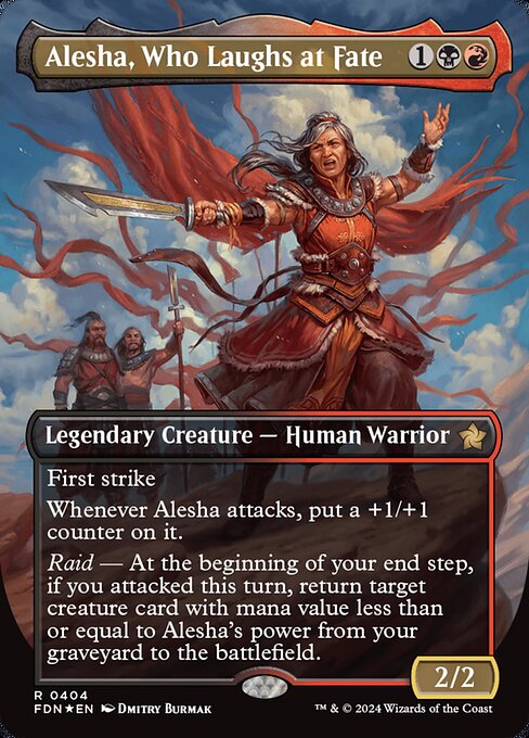 First strike
Whenever Alesha attacks, put a +1/+1 counter on it.
Raid — At the beginning of your end step, if you attacked this turn, return target creature card with mana value less than or equal to Alesha's power from your graveyard to the battlefield.