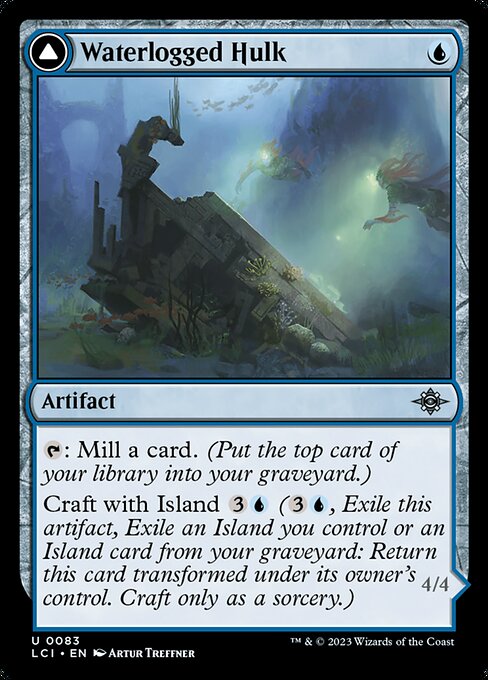 {T}: Mill a card. (Put the top card of your library into your graveyard.)
Craft with Island {3}{U} ({3}{U}, Exile this artifact, Exile an Island you control or an Island card from your graveyard: Return this card transformed under its owner's control. Craft only as a sorcery.)   Vigilance
Descend 8 — Watertight Gondola can't be blocked as long as there are eight or more permanent cards in your graveyard.
Crew 1 (Tap any number of creatures you control with total power 1 or more: This Vehicle bec