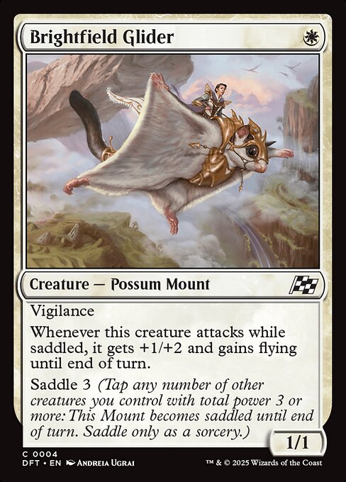 Vigilance
Whenever this creature attacks while saddled, it gets +1/+2 and gains flying until end of turn.
Saddle 3 (Tap any number of other creatures you control with total power 3 or more: This Mount becomes saddled until end of turn. Saddle only as a sorcery.)