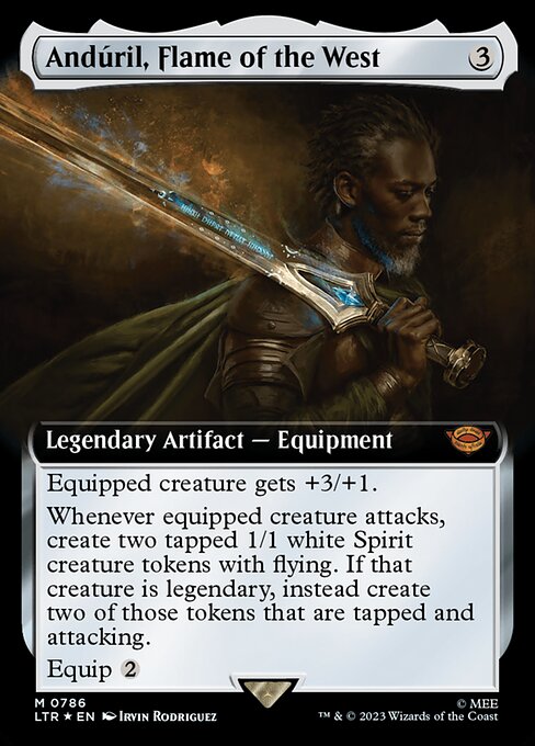 Equipped creature gets +3/+1.
Whenever equipped creature attacks, create two tapped 1/1 white Spirit creature tokens with flying. If that creature is legendary, instead create two of those tokens that are tapped and attacking.
Equip {2}