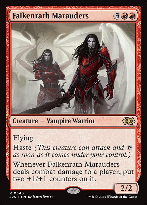 Flying
Haste (This creature can attack and {T} as soon as it comes under your control.)
Whenever Falkenrath Marauders deals combat damage to a player, put two +1/+1 counters on it.