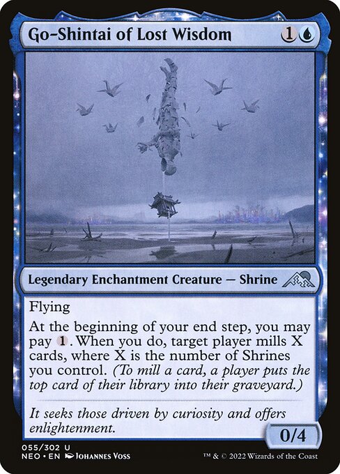 Flying
At the beginning of your end step, you may pay {1}. When you do, target player mills X cards, where X is the number of Shrines you control. (To mill a card, a player puts the top card of their library into their graveyard.)