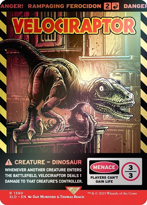 Menace
Players can't gain life.
Whenever another creature enters the battlefield, Rampaging Ferocidon deals 1 damage to that creature's controller.