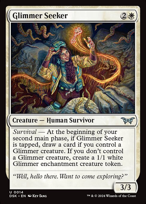 Survival — At the beginning of your second main phase, if Glimmer Seeker is tapped, draw a card if you control a Glimmer creature. If you don't control a Glimmer creature, create a 1/1 white Glimmer enchantment creature token.