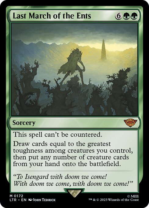 This spell can't be countered.
Draw cards equal to the greatest toughness among creatures you control, then put any number of creature cards from your hand onto the battlefield.