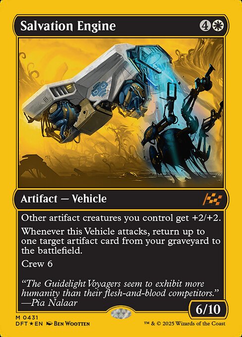 Other artifact creatures you control get +2/+2.
Whenever this Vehicle attacks, return up to one target artifact card from your graveyard to the battlefield.
Crew 6
