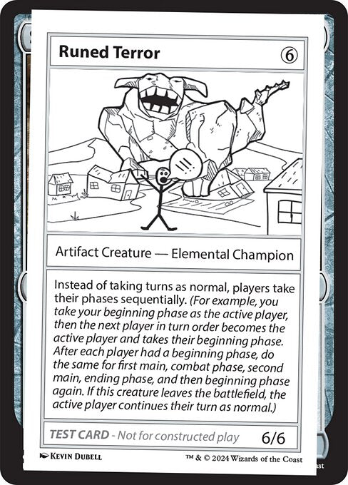 Instead of taking turns as normal, players take their phases sequentially. (For example, you take your beginning phase as the active player, then the next player in turn order becomes the active player and takes their beginning phase. After each player had a beginning phase, do the same for first main, combat phase, second main, ending phase, and then beginning phase again. If this creature leaves the battlefield, the active player continues their turn as normal.)