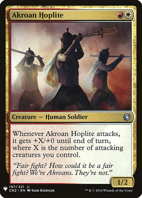 Whenever Akroan Hoplite attacks, it gets +X/+0 until end of turn, where X is the number of attacking creatures you control.