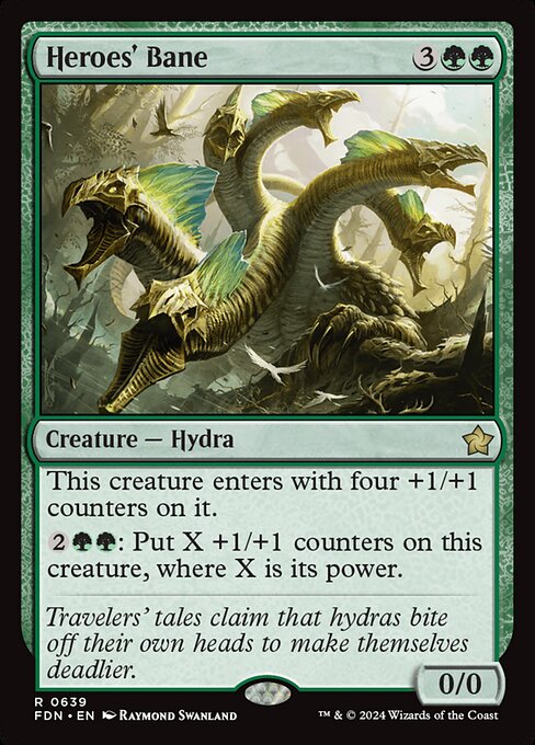 This creature enters with four +1/+1 counters on it.
{2}{G}{G}: Put X +1/+1 counters on this creature, where X is its power.