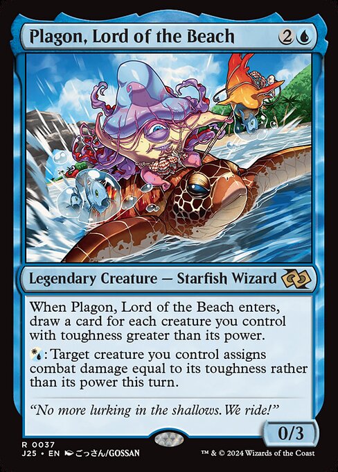 When Plagon, Lord of the Beach enters, draw a card for each creature you control with toughness greater than its power.
{W/U}: Target creature you control assigns combat damage equal to its toughness rather than its power this turn.