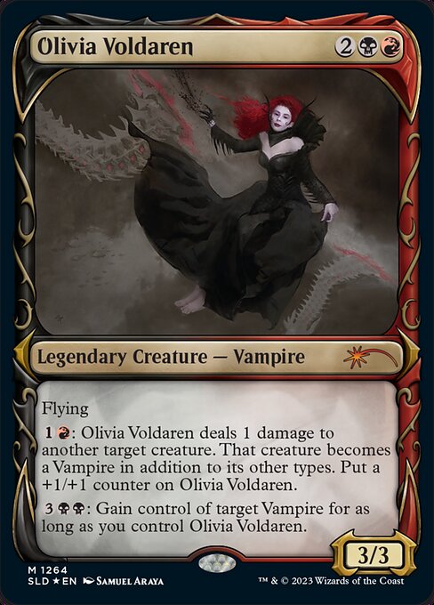 Flying
{1}{R}: Olivia Voldaren deals 1 damage to another target creature. That creature becomes a Vampire in addition to its other types. Put a +1/+1 counter on Olivia Voldaren.
{3}{B}{B}: Gain control of target Vampire for as long as you control Olivia Voldaren.