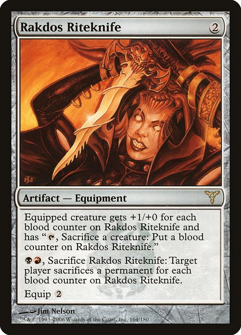 Equipped creature gets +1/+0 for each blood counter on Rakdos Riteknife and has "{T}, Sacrifice a creature: Put a blood counter on Rakdos Riteknife."
{B}{R}, Sacrifice Rakdos Riteknife: Target player sacrifices a permanent for each blood counter on Rakdos Riteknife.
Equip {2}