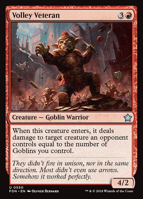 When this creature enters, it deals damage to target creature an opponent controls equal to the number of Goblins you control.