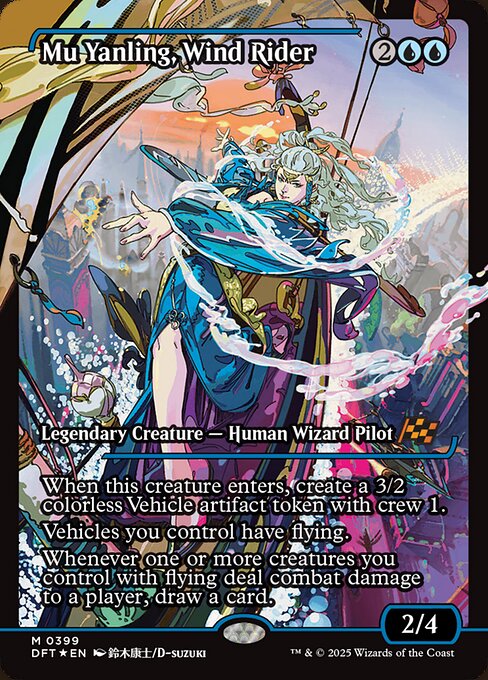 When this creature enters, create a 3/2 colorless Vehicle artifact token with crew 1.
Vehicles you control have flying.
Whenever one or more creatures you control with flying deal combat damage to a player, draw a card.