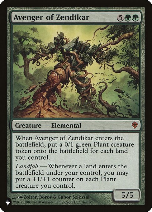 When Avenger of Zendikar enters, create a 0/1 green Plant creature token for each land you control.
Landfall — Whenever a land you control enters, you may put a +1/+1 counter on each Plant creature you control.