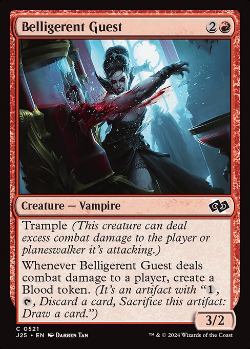 Trample (This creature can deal excess combat damage to the player or planeswalker it's attacking.)
Whenever Belligerent Guest deals combat damage to a player, create a Blood token. (It's an artifact with "{1}, {T}, Discard a card, Sacrifice this artifact: Draw a card.")