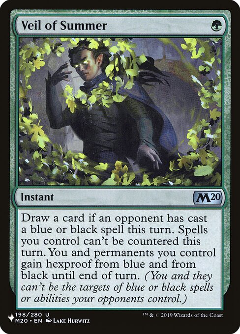 Draw a card if an opponent has cast a blue or black spell this turn. Spells you control can't be countered this turn. You and permanents you control gain hexproof from blue and from black until end of turn. (You and they can't be the targets of blue or black spells or abilities your opponents control.)