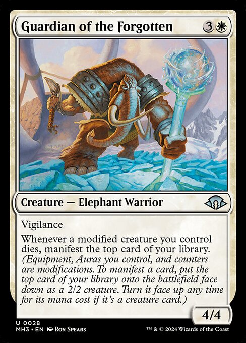 Vigilance
Whenever a modified creature you control dies, manifest the top card of your library. (Equipment, Auras you control, and counters are modifications. To manifest a card, put the top card of your library onto the battlefield face down as a 2/2 creature. Turn it face up any time for its mana cost if it's a creature card.)