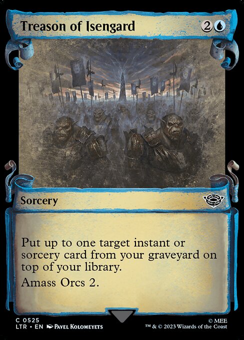 Put up to one target instant or sorcery card from your graveyard on top of your library.
Amass Orcs 2. (To amass Orcs 2, put two +1/+1 counters on an Army you control. It's also an Orc. If you don't control an Army, create a 0/0 black Orc Army creature token first.)