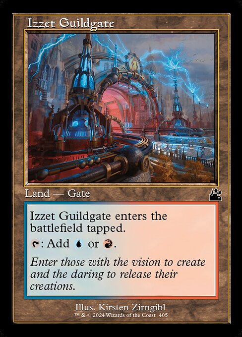 Izzet Guildgate enters tapped.
{T}: Add {U} or {R}.