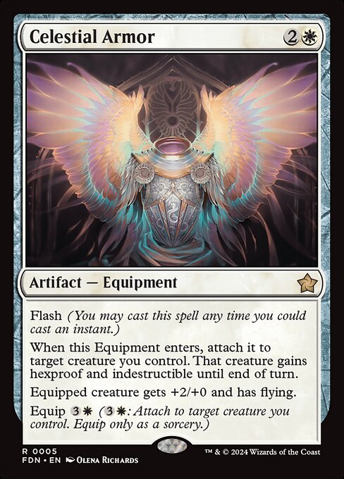 Flash (You may cast this spell any time you could cast an instant.)
When this Equipment enters, attach it to target creature you control. That creature gains hexproof and indestructible until end of turn.
Equipped creature gets +2/+0 and has flying.
Equip {3}{W} ({3}{W}: Attach to target creature you control. Equip only as a sorcery.)