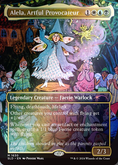 Flying, deathtouch, lifelink
Other creatures you control with flying get +1/+0.
Whenever you cast an artifact or enchantment spell, create a 1/1 blue Faerie creature token with flying.