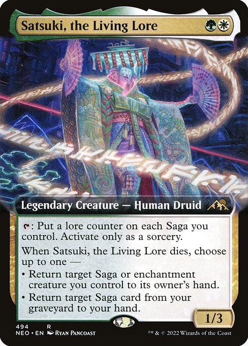 {T}: Put a lore counter on each Saga you control. Activate only as a sorcery.
When Satsuki, the Living Lore dies, choose up to one —
• Return target Saga or enchantment creature you control to its owner's hand.
• Return target Saga card from your graveyard to your hand.