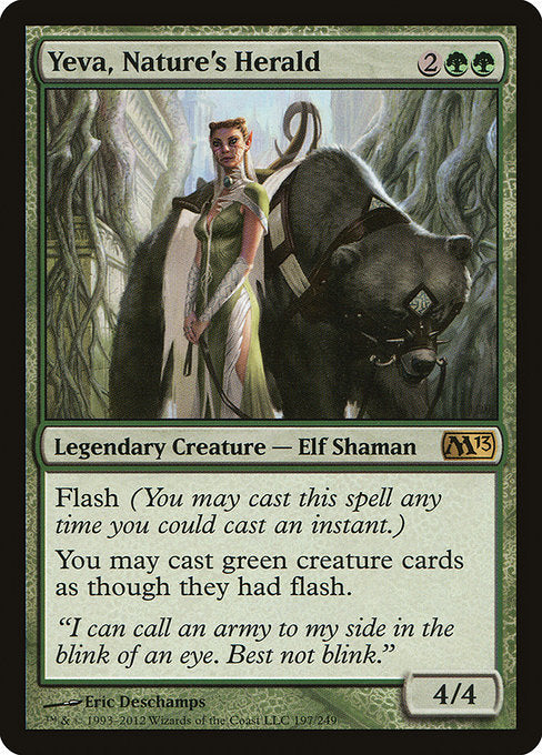 Flash (You may cast this spell any time you could cast an instant.)
You may cast green creature spells as though they had flash.