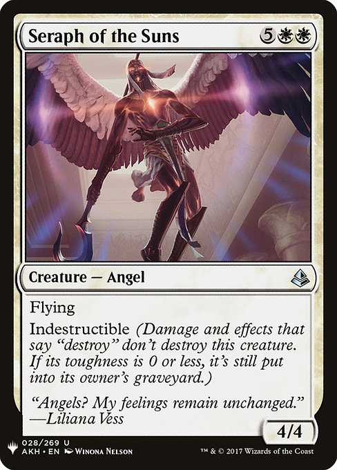 Flying
Indestructible (Damage and effects that say "destroy" don't destroy this creature. If its toughness is 0 or less, it's still put into its owner's graveyard.)