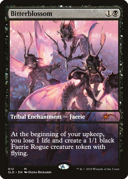 At the beginning of your upkeep, you lose 1 life and create a 1/1 black Faerie Rogue creature token with flying.