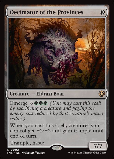 Emerge {6}{G}{G}{G} (You may cast this spell by sacrificing a creature and paying the emerge cost reduced by that creature's mana value.)
When you cast this spell, creatures you control get +2/+2 and gain trample until end of turn.
Trample, haste